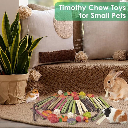 ERKOON 80PCS Bunny Chew Toys for Rabbits Teeth, Natural Rabbit Toys Apple Wood Sticks, Carrot, Timothy Grass Treats for Small Pets, Hamster, Chinchilla, Guinea Pig Dental Care and Treat Teething Toys