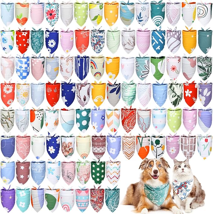 Huhumy 100 Pcs Boho Dog Bandanas Bulk Pet Bibs Colorful Triangle Scarf Boho Pet Bandanas for Medium Large Dogs Spring Summer Birthday Costume Decoration