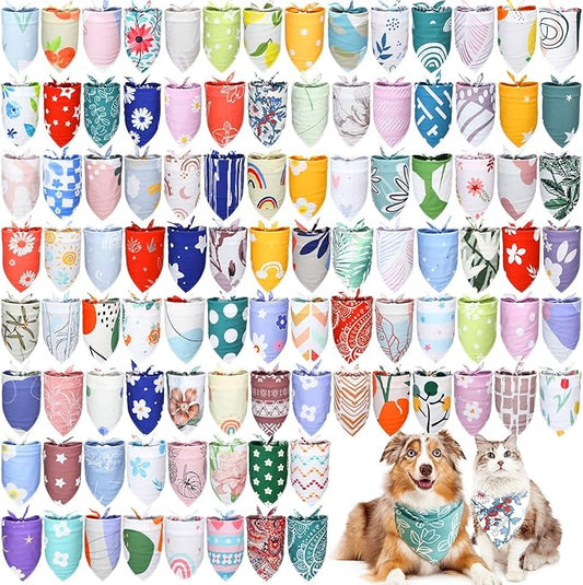 Huhumy 100 Pcs Boho Dog Bandanas Bulk Pet Bibs Colorful Triangle Scarf Boho Pet Bandanas for Medium Large Dogs Spring Summer Birthday Costume Decoration