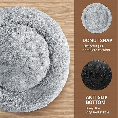 JOLLYVOGUE Small Dog & Cat Beds for Indoor Cats, Donut Cuddler Warming Soft Dog Beds with Anti-Slip Bottom, Round Calming Fluffy Plush Faux Fur Cushion Bed for Medium Dogs (31", Smoke Grey)