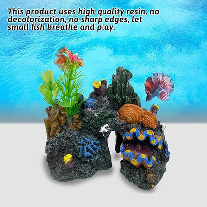 PINVNBY Aquarium Coral Reef Decor Resin Fish Tank Decorations Rock Mountain Cave Ornaments for Goldfish Betta Fish Sleep Rest Hide Play Breed with 4 PCS Aquatic Plants (Small Size)