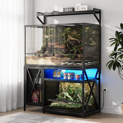 40-120 Gallon Reptile Tank Stand with Power Outlet, 48" X 69" Terrarium Enclosure with Storage Cabinet, Heavy Duty Large Aquarium Stand for Bearded Dragon, Snakes, Lizards