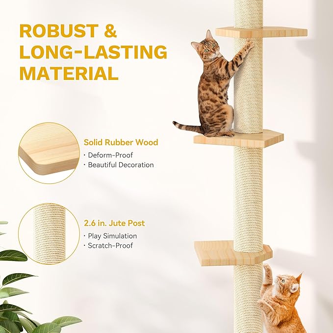 DWVO Solid Wood Cat Wall Shelves and Perches, Tall Floor to Ceiling Cat Tower w Scratching Posts, Wall Mounted Cats Furniture Climbing Shelves for Large Cats w Houses, Steps, Runway, Scratching Board