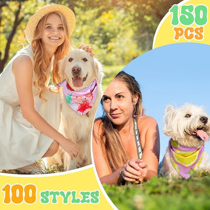 Huhumy 150 Pcs Spring Dog Bandanas Bulk Pet Bibs Colorful Triangle Scarf Pet Bandanas for Medium Large Dogs Spring Summer Birthday Costume Decoration