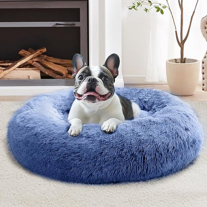 JOLLYVOGUE Small Dog & Cat Beds for Indoor Cats, Donut Cuddler Warming Soft Dog Beds with Anti-Slip Bottom, Round Calming Fluffy Plush Faux Fur Cushion Bed for Small Dogs (20", Navy Blue)