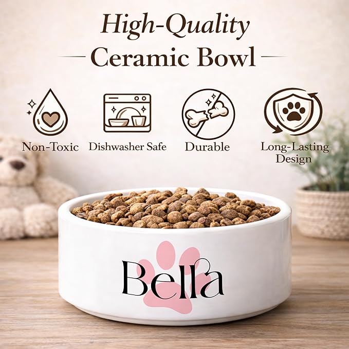 Custom Cat Bowl | Personalized Food & Water Dish with Name | Microwave & Dishwasher Safe Ceramic Pet Feeding Bowl for Kitty | Gift for New Kitten Owners | White – Small