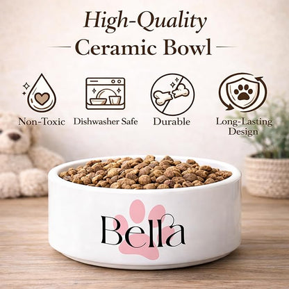 Custom Cat Bowl | Personalized Food & Water Dish with Name | Microwave & Dishwasher Safe Ceramic Pet Feeding Bowl for Kitty | Gift for New Kitten Owners | White – Small