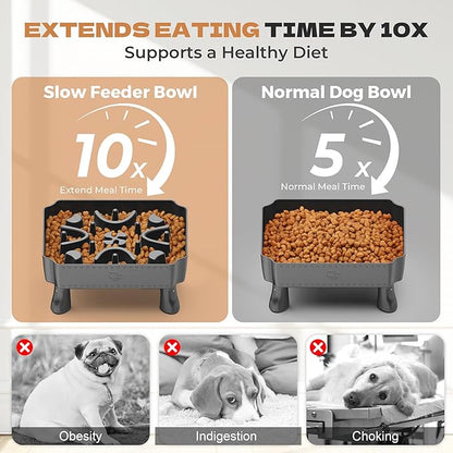 UPSKY Slow Feeder Dog Bowl, 2-in-1 Raised Dog Bowl with Anti-Choking Maze Puzzle, 2-6 Cups Pet Food for Small & Medium Breeds, Interactive Pet Feeder to Slow Eating, Reduce Boredom Grey