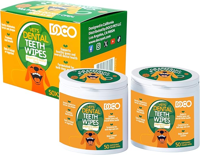 DOCO Dog Teeth Cleaning Wipes Dental Finger Wipes for Cats & Dogs Remove Plaque & Tartar, Freshen Breath, No Rinse, Effective Pet Tooth Cleaning Kit for Oral Care (Grapefruit Flavour, 100 Count)
