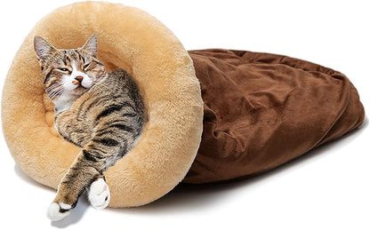 Cat Cave Bed - Fleece Warm Covered Cat Bed Indoor for Cold Weather - Self Warming Fluffy Pet Tunnel Hideout Nest for Small Medium Large Cats Sleeping Playing (Reuseable Washable)