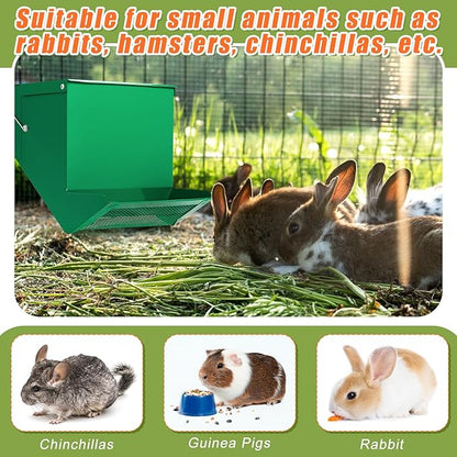 Maxcheck 2 Pcs Rabbit Feeder for Cages Small Animal Food Dispenser with Lid Metal Chicken Grit Oyster Shell Feeders Outside(7.7 Inches,Mesh Bottom,Green)