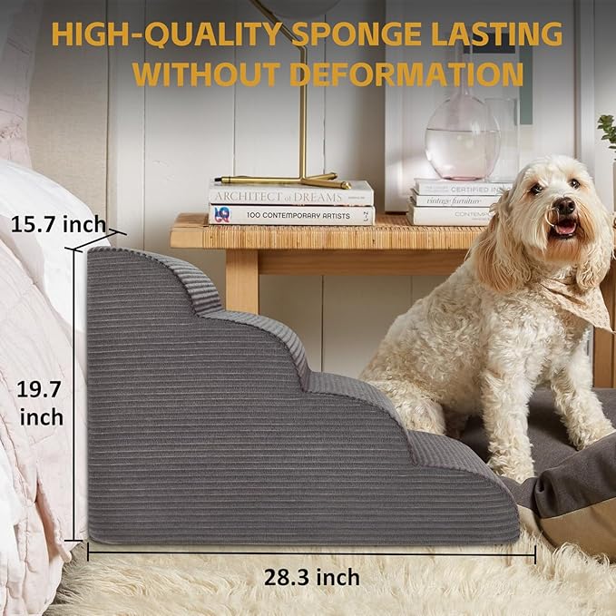Curved Dog Stairs Ramp for High Beds 19.7" H, 4-Step Dog Steps for Small Dogs and Cats, Removable and Washable Pet Stairs for High Bed Climbing, Non-Slip Balanced Pet Step Indoor, Deep Grey