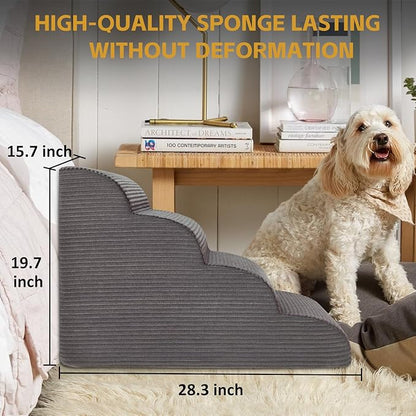 Curved Dog Stairs Ramp for High Beds 19.7" H, 4-Step Dog Steps for Small Dogs and Cats, Removable and Washable Pet Stairs for High Bed Climbing, Non-Slip Balanced Pet Step Indoor, Deep Grey