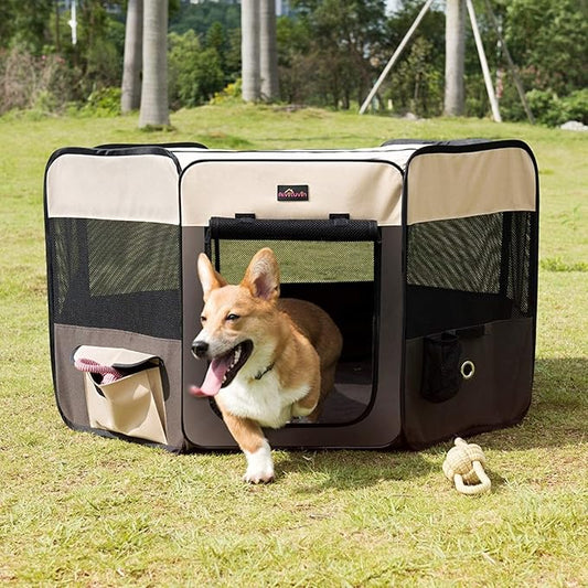 Aivituvin Dog Playpen, Foldable Pet Play Pens with Carrying Bag for Cat, Puppies, Rabbits, Portable Dog Tent Crates Cage for Travel Camping Indoor Outdoor, Removable Shade Cover, Brown M