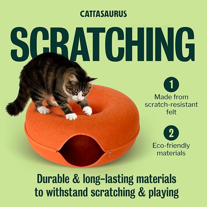 Cattasaurus Peekaboo Cat Cave, Extra Spacious for Multiple & Large Cats 15+ lbs, Scratch Detachable Cat Beds for Indoor Cats, Washable Tunnel Bed, Comfy Donut Tunnel (Orange, Jumbo)