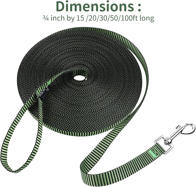 Hi Kiss Dog/Puppy Obedience Recall Training Agility Lead - 15ft 20ft 30ft 50ft 100ft Training Leash - Great for Training, Play, Camping, or Backyard(100ft,Black_Green)