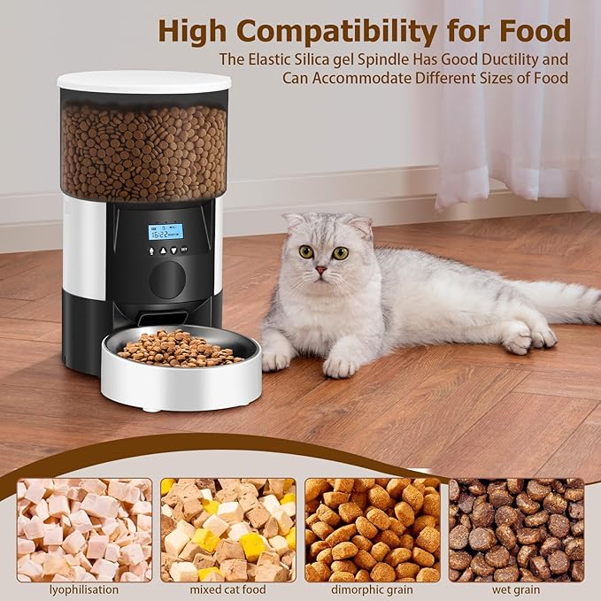 Ducksky Automatic Cat Feeder, 3L Timed Dog Food Dispenser, Auto Dry Food Feeders for Pets, Programmable Portion Control, 4 Meals/Day, Dual Power Supply, 10s Voice Recorder (White and Black - Basic)