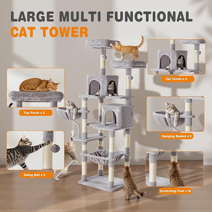 Large Cat Tree 71 Inch, Multi-Level Tall Cat Tree Tower with Condo, Perches, Sisal Scratching Posts and Hammock, Pet Play House with Dangling Balls for Indoor Cats, Light Grey