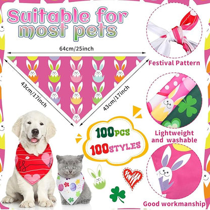 Huhumy 100 Pcs Seasonal Dog Bandanas Valentines Day St. Patrick's Day Easter Pet Bandanas Bulk Holiday Triangle Pet Bibs Scarf for Medium Large Dog Spring Festival Costume Decor