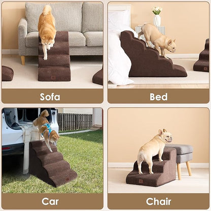 EHEYCIGA Curved Dog Stairs Ramp for Small Dogs 15.7" H, 3-Step Dog Steps for Couch Sofa and Chair, Pet Stairs for Cats, Non-Slip Balanced Pet Steps Indoor, Brown