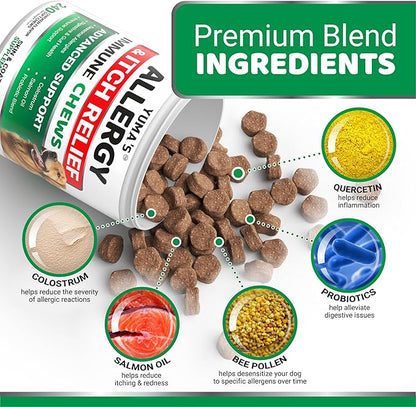 Dog Allergy Relief Chews - 240 Immune Treats - Dog Itching Skin Relief Treatment Pills - Anti-Itch - Itchy and Paw Licking - Omega 3 Fish Oil for Dogs Allergies - Dry Skin & Coat Supplement Vitamins