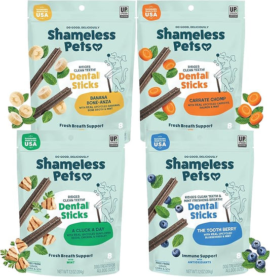 Shameless Pets Dental Chews for Dogs, Variety (4-Pack) - Natural Dog Teeth Cleaning Treats with Fresh Breath Benefits | Grain-Free Dental Sticks for Small, Medium & Large Dogs