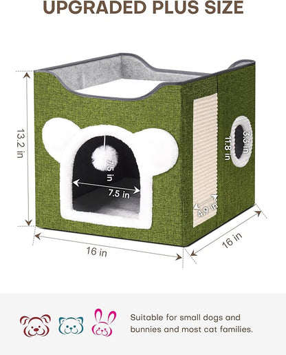 Cat Houses for Indoor Cats, Large Cat Cave with Fluffy Ball and Scratch Pad, Covered Cat Bed House, Foldable Cat Hideaway (Green)