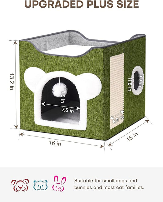 Cat Houses for Indoor Cats, Large Cat Cave with Fluffy Ball and Scratch Pad, Covered Cat Bed House, Foldable Cat Hideaway (Green)