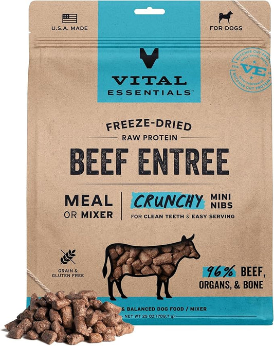 Vital Essentials Freeze-Dried Raw Beef Crunchy Mini Nibs | Complete Meal or Mixer Dog Food | 25 oz
