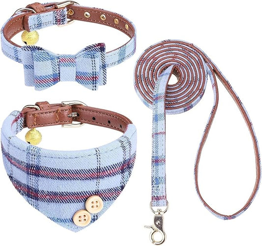 KOOLTAIL Small Dog Collar and Leash Set with Bowtie and Bells - Puppy Collar and Leash for Male with Classic Plaid Matching Pattern, Soft Leather Tangle Free Leashes for Small Dogs Boys Girls, Blue