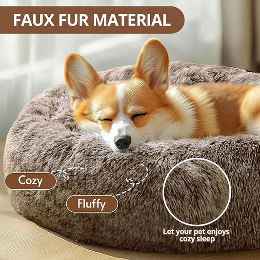 JOLLYVOGUE Small Dog & Cat Beds for Indoor Cats, Donut Cuddler Warming Soft Dog Beds with Anti-Slip Bottom, Round Calming Fluffy Plush Faux Fur Cushion Bed for Medium Dogs (27", Smoke Brown)
