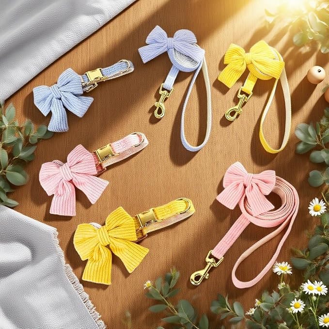 Dog Collar and Leash Set - Metal Buckle Adjustable Puppy Collar, Cute Dog Collar and Leash Set with Flower Bow Tie, Puppy Collar with 5 FT Leash, Soft & Comfortable Collar for Small Medium Dogs-M