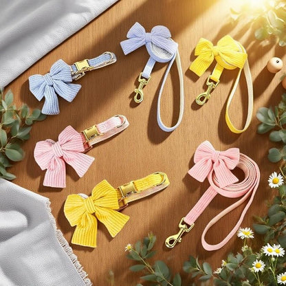 Dog Collar and Leash Set - Metal Buckle Adjustable Puppy Collar, Cute Dog Collar and Leash Set with Flower Bow Tie, Puppy Collar with 5 FT Leash, Soft & Comfortable Collar for Small Medium Dogs-M