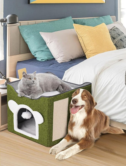Cat Houses for Indoor Cats, Large Cat Cave with Fluffy Ball and Scratch Pad, Covered Cat Bed House, Foldable Cat Hideaway (Green)