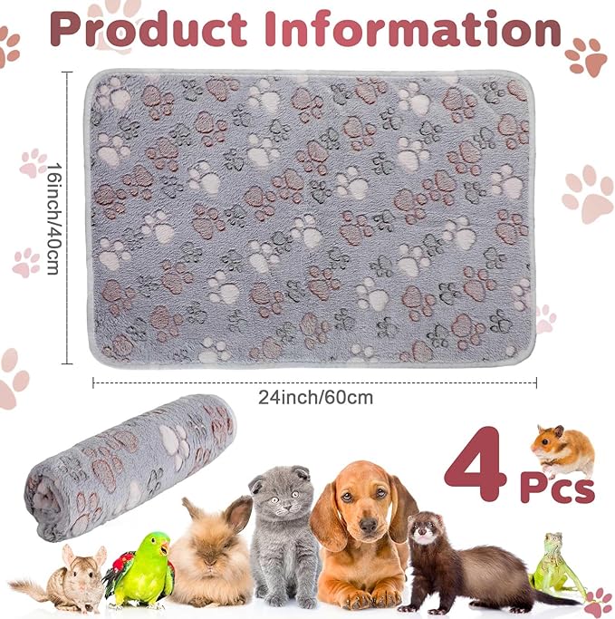 Reginary 4 Pcs Waterproof Guinea Pig Blankets Washable Small Animal Fleece Bedding Guinea Pig Cage Liners Reusable Training Pads Pet Pee Pad Sleep Mat for Hamster(Adorable Paw,24 x 16 Inch)