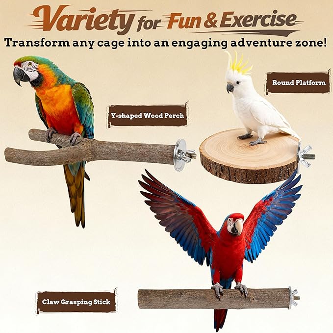 8 PCS Bird Perch Set, Natural Birch Wood Straight & Forked Perches with Platforms for Parakeets, Cockatiels, Conures, Lovebirds - Cage Accessories for Climbing & Exercise