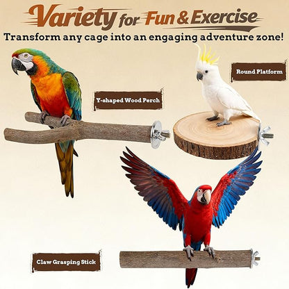 8 PCS Bird Perch Set, Natural Birch Wood Straight & Forked Perches with Platforms for Parakeets, Cockatiels, Conures, Lovebirds - Cage Accessories for Climbing & Exercise