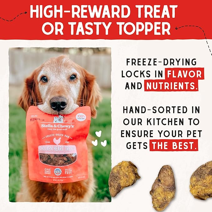 Stella & Chewy's Freeze-Dried Raw Chicken Heart Dog Treats - Single Ingredient, No Additives - Premium Training Treats - Perfect For Picky Eaters - 3oz Bag