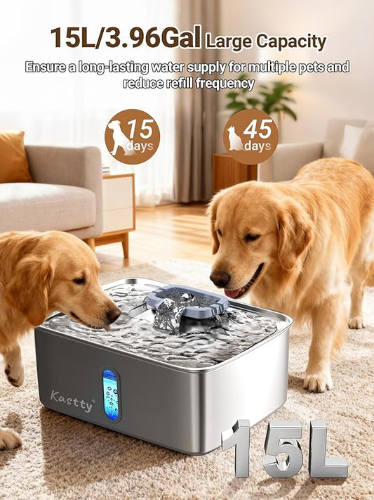 Kastty 15L/3.96 Gal Stainless Steel Dog Water Fountain, Large Capacity Dog Water Bowl Dispenser Quiet LED Light Triple Filtration BPA-Free, Automatic Pet Water Fountain Easy Cleaning Grey FS78