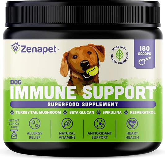 ZENAPET Dog Immune Support Premium Powder Topper, Turkey Tail, Spirulina & Beta-Glucan, Supports a Healthy Immune System & Digestion, Human-Grade, Made in USA