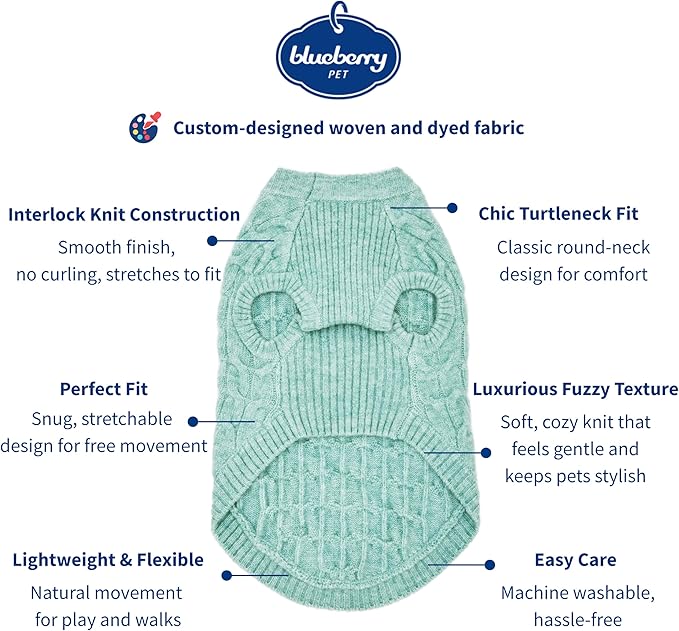 Blueberry Pet Classic Fuzzy Knit Dog Sweater, Crew-Neck Pullover Christmas Style in Heathered Jade, 12” Back Length, Cozy & Soft