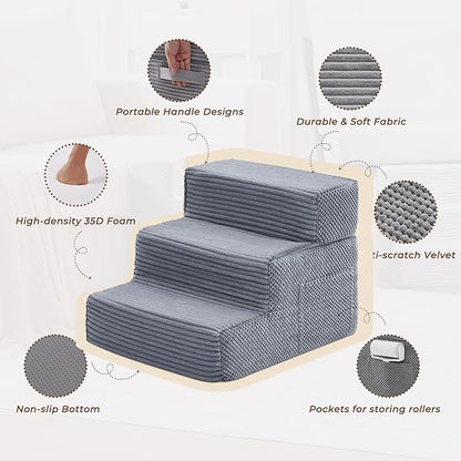 HYLEORY Dog Stairs for Bed 13.5''H, 3-Step Pet Stairs for Small Dogs & Cats, Sturdy Pet Steps with Non-Slip Bottom, Functional Portable Dog Ramp for Couch/Chair/Sofa/Car, with Storage Pocket, Grey