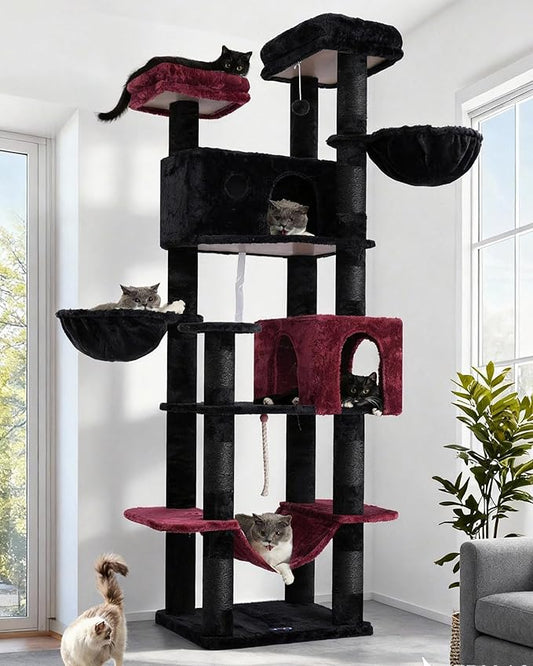 Tall Cat Tree, Large Cat Tower for Adult Cats, 80.7'' (205cm) Heavy-Duty Cat Tree House for Indoor Cats 20 lbs+ with Scratching Posts, 2 Top Perches/Condos, Hammcok, Black(Gothic) GCT034BR