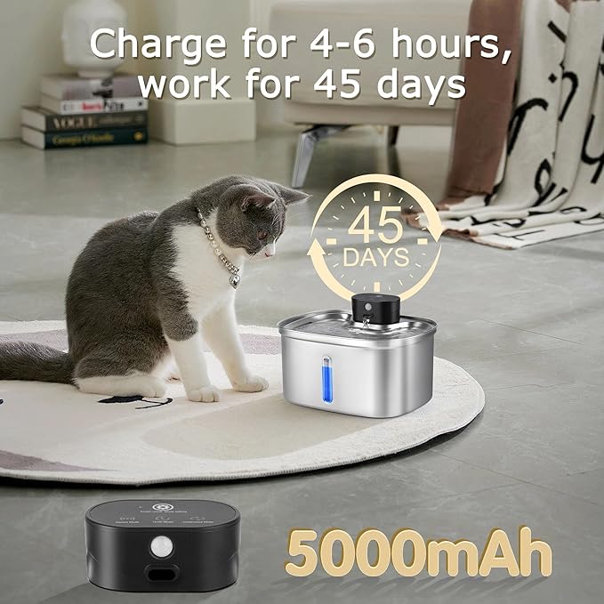 Wireless Cat Water Fountain Stainless Steel, 169oz/5L Cordless Smart Pet Water Fountain with 5000mAh Battery & Ultra Quiet Pump, Automatic Pet Water Dispenser for Cats & Dogs, 3 Filters