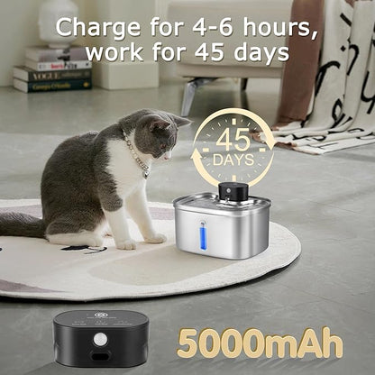 Wireless Cat Water Fountain Stainless Steel, 5L/169oz Automatic Pet Water Dispenser with 5000mAh Battery, 3 Modes (Sensor/Timer/Continuous), Ultra Quiet Pump & 6 Replacement Filters for Cats & Dogs
