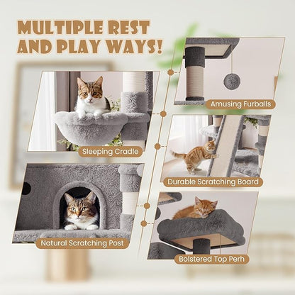 SHA CERLIN 81 Inches Extra Large Cat Tree for Indoor Adult Cats/XXL Big Cat Tower with Condo/Cozy Perches/Sisal Scratching Posts and Hammocks/Activity Center/F80/Heavy Duty/Grey