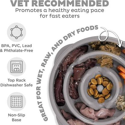 Outward Hound Medium Slow Feeder Bowl, Puzzle Maze for Fast Eaters, Small to Medium Dogs, Helps Prevent Bloat & Aid Digestion, Holds 2 Cups Wet or Dry Food, Non-Slip, Made Without BPA, Gray