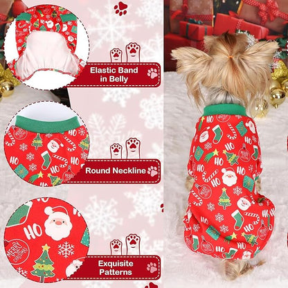 Dog Christmas Pajamas for Small Dogs Father Christmas Trees Puppy Onesies Pjs Stretchy Dog Clothes Pet Jumpsuits 4 Leg Jammie