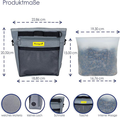 Dog Treat Pouch with Magnetic Closure 4-Cup Silicone Bag Fanny Pack Holder with Clicker 4 Ways to Wear Front Pocket Fits All Phones Ideal for Leash, Pet Walking and Training（Gray）