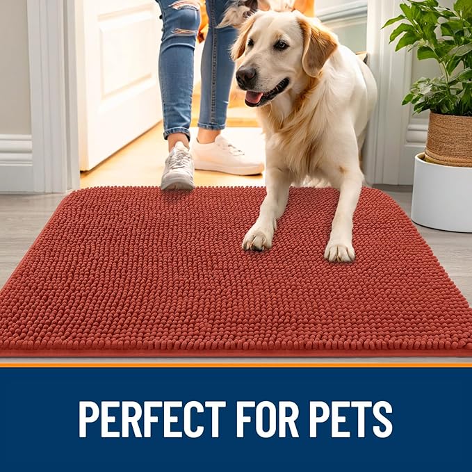 OLANLY Dog Door Mat for Muddy Paws 40x32, Absorbs Moisture and Dirt, Absorbent Non-Slip Washable Doormat, Quick Dry Chenille Mud Mat for Dogs, Entry Indoor Entryway Carpet for Inside Floor, Maple Red